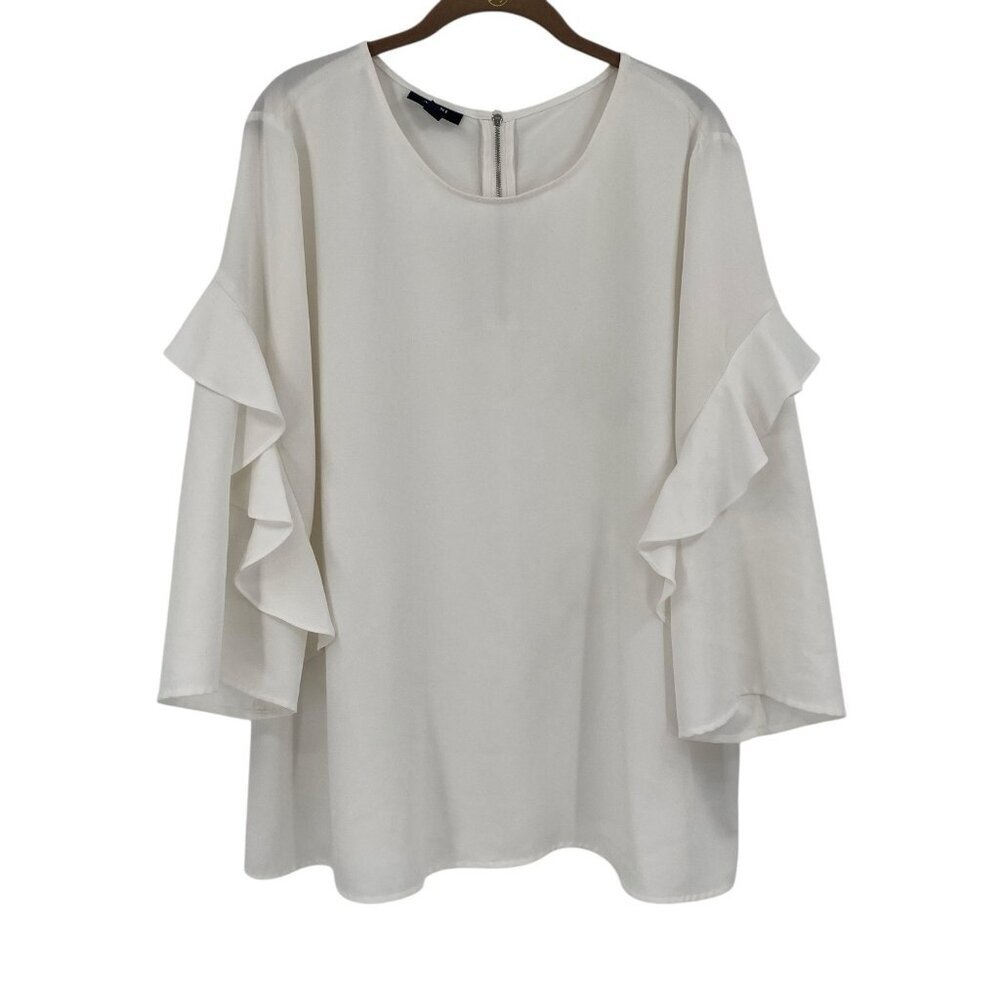 Alfani Women's Size XL White Chiffon Zip-Back Ruffled Sleeve Blouse
